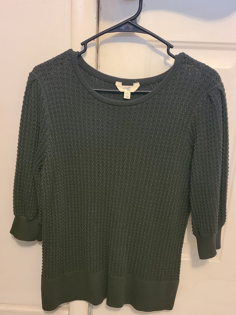 Terra & Sky Olive Green Open-Knit Crewneck Sweater